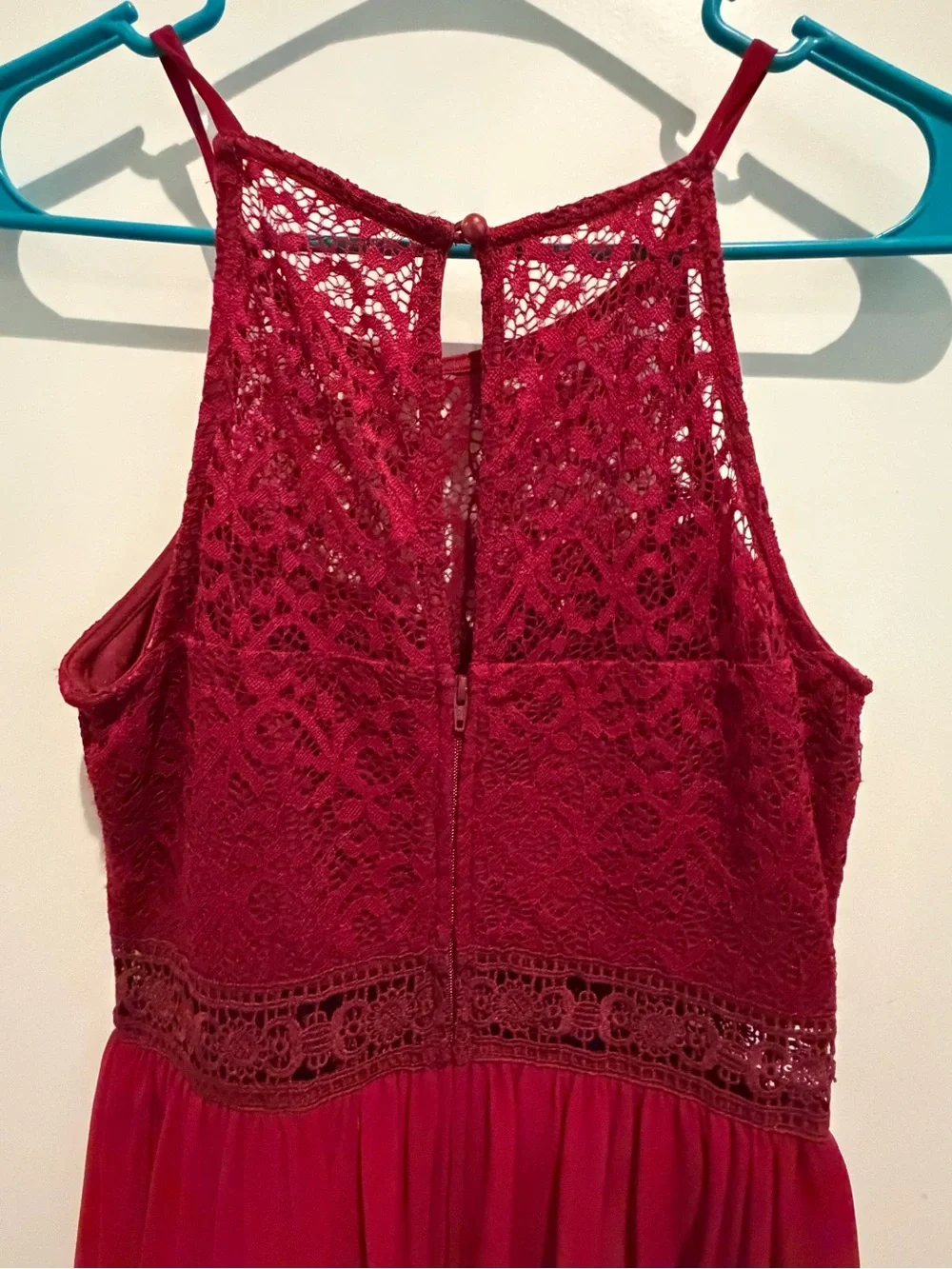 I.N. San Francisco Burgundy Lace Halter Chiffon Dress